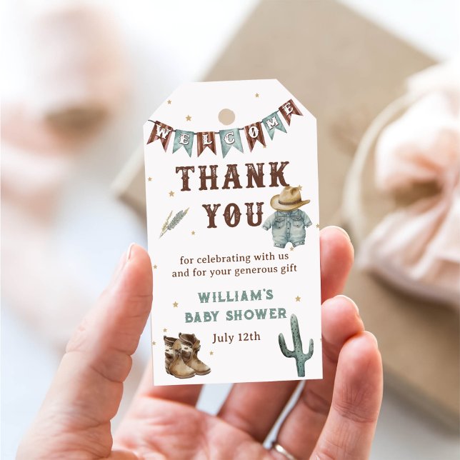 Rustik Western Little Cowboy Baby Shower Tack Presentetikett (Skapare uppladdad)