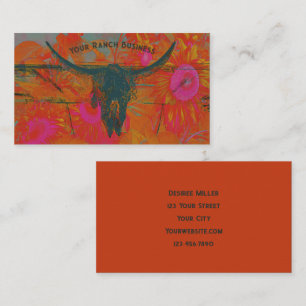 Rustik Western Orange Rosa Sunblommor Bull Skull Visitkort
