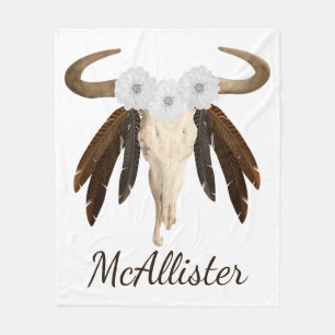 Rustik Western Prairie Blommigt Cow Skull Feathers Fleecefilt