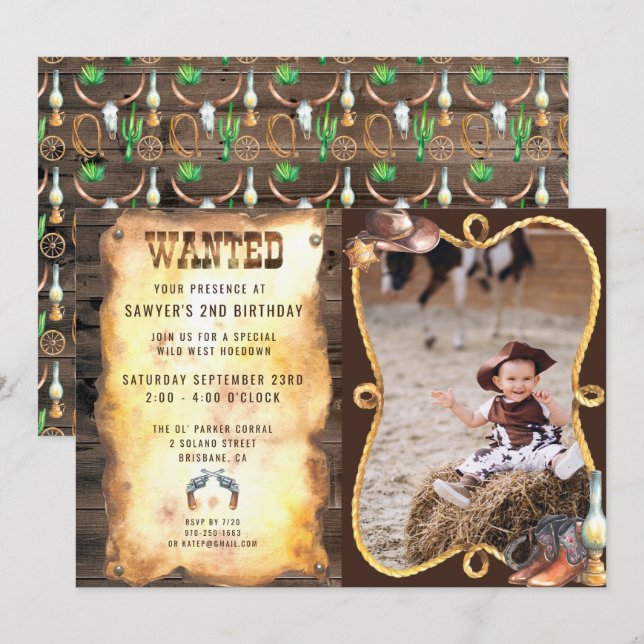 Rustik Western Rodeo Cowboy Födelsedagsfest Inbjudningar (Fram/baksida)