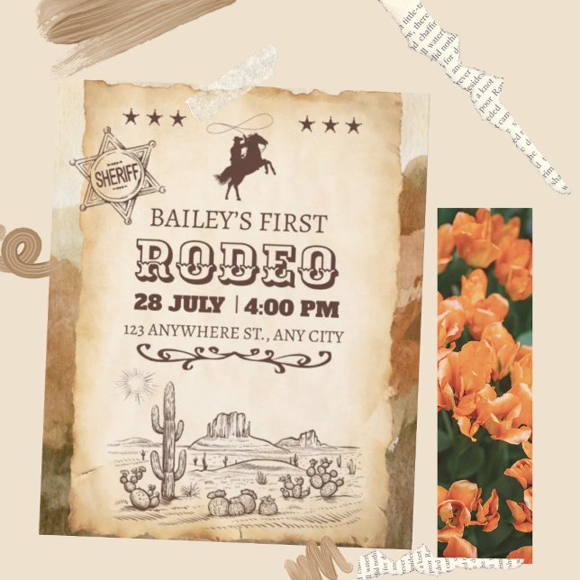Rustik Western Rodeo Cowboy Första Rodeo Födelseda Inbjudningar (Skapare uppladdad)