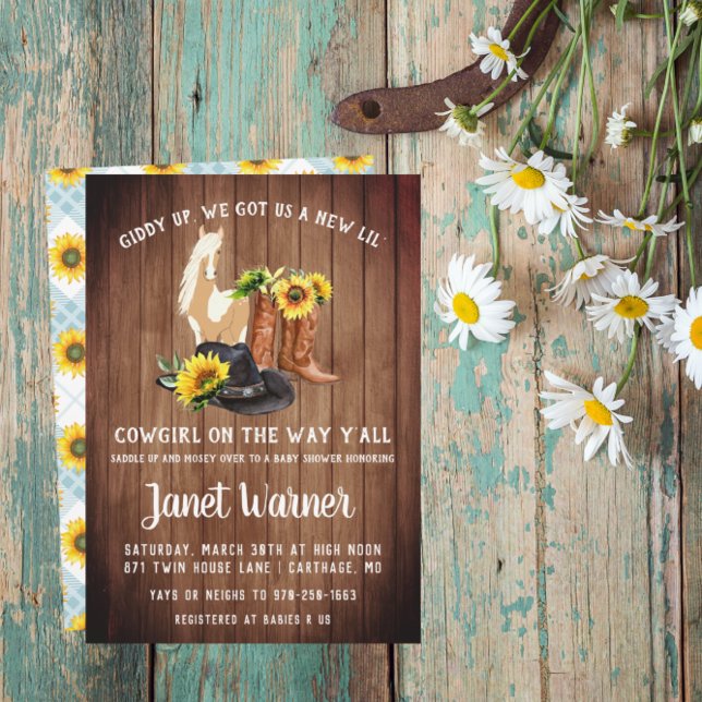 Rustik Western Solros Cowgirl Bebis Shower Inbjudningar (Skapare uppladdad)