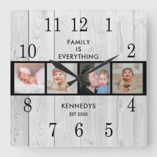 Rustik White Wood 4 Photo Collage Family Quote   Fyrkantig Klocka