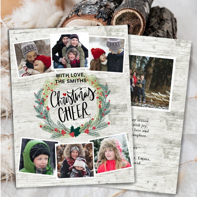 Rustik White Wood Photo Collage Blommigt Wand Julkort (Skapare uppladdad)