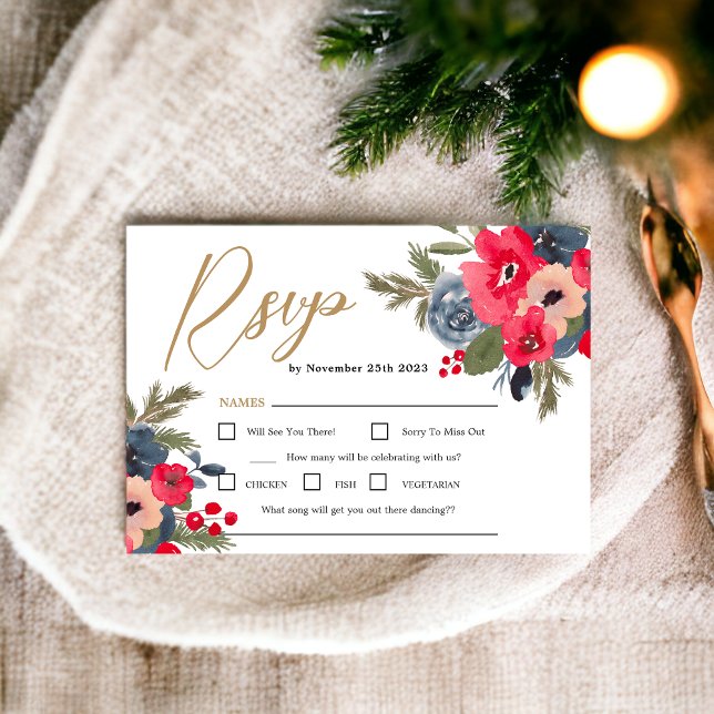 Rustik Winter Blommigt Watercolor Bröllop OSA Inbjudningar (Rustic Elegant Winter Floral Watercolor Wedding rsvp)