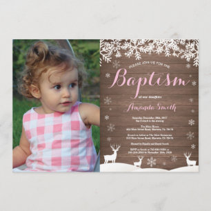 Rustik Winter Hjort Baptism Flickfotoinbjudan Inbjudningar