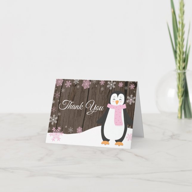 Rustik Winter Penguin Snowflake Rosa Tack Kort (Framsida)