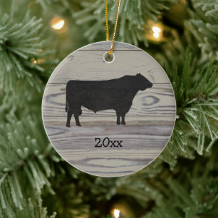 Rustik Wood Angus Bull Vattenfärg Julgransprydnad Keramik