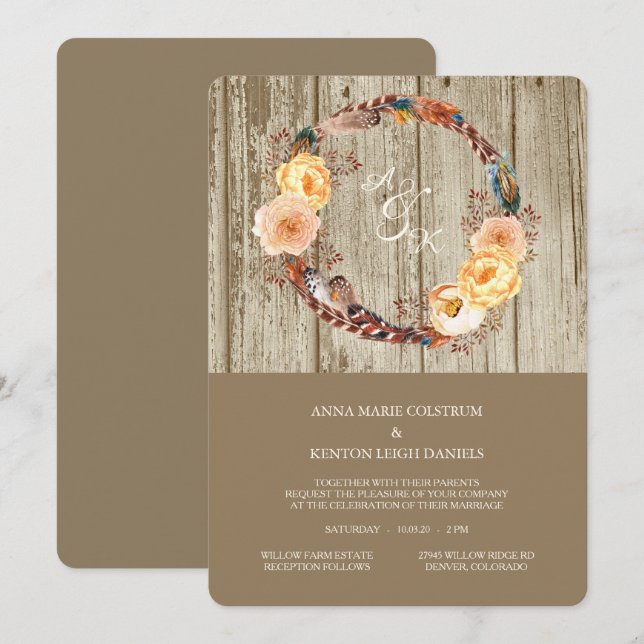 Rustik Wood Blommigt Feather Weather Bröllop Inbjudningar (Fram/baksida)