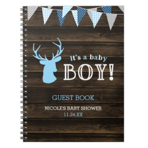 Rustik Wood Blue Hjort Baby Shower Guest Bok Anteckningsbok