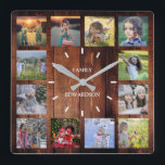 Rustik wood Family fotocollage monogram namn Fyrkantig Klocka<br><div class="desc">Anpassningsbar Familjefotokollage på solljus i träets bakgrundsklocka. Lägg till egna foton och namn för att anpassa klockan så skapar du en mycket personlig och unik klocka.</div>