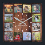 Rustik wood Family fotocollage monogram namn Fyrkantig Klocka<br><div class="desc">Anpassningsbar Familjefotokollage på solljus i träets bakgrundsklocka. Lägg till egna foton och namn för att anpassa klockan så skapar du en mycket personlig och unik klocka.</div>