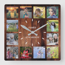 Rustik wood Family fotocollage monogram namn Fyrkantig Klocka