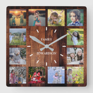 Rustik wood Family fotocollage monogram namn Fyrkantig Klocka
