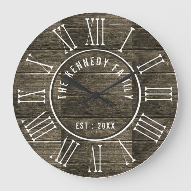Rustik wood Family Namn Farmhouse Roman Numeral Stor Klocka (Framsida)