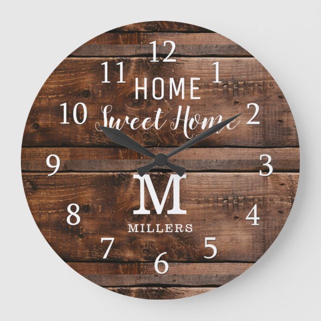 Rustik Wood Home Sweet Home Monogram Family Namn Stor Klocka (Framsida)