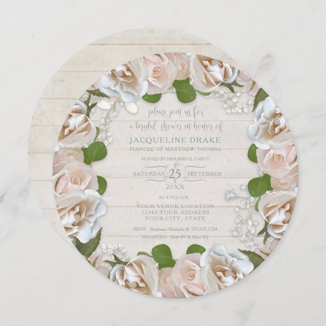 Rustik Wood Ro Babys Utandning Blommigt Rund anded Inbjudningar (Fram/baksida)