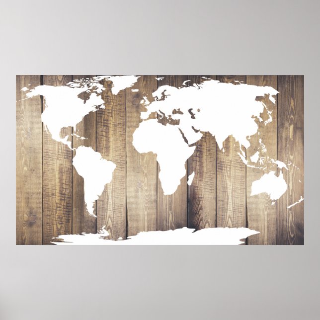 Rustik Wooden Planks White World Map Poster (Framsidan)