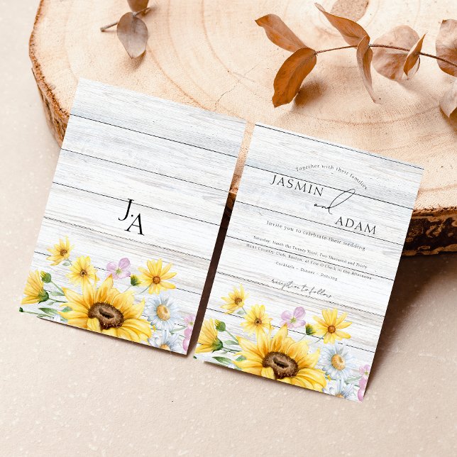 Rustik Wooden Sunwers Monogram Blommigt Bröllop Inbjudningar (Rustic Wooden Sunflowers Monogram Floral Wedding Invitation)