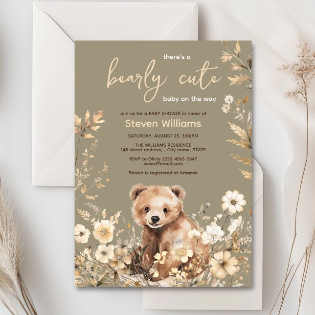 Rustik Woodland Bear könsneutral babystötare Inbjudningar (Cute watercolor forest bear with rustic beige flowers baby shower invitation)