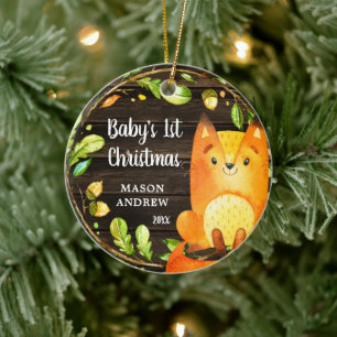 Rustik Woodland Fox Baby första julen Julgransprydnad Keramik