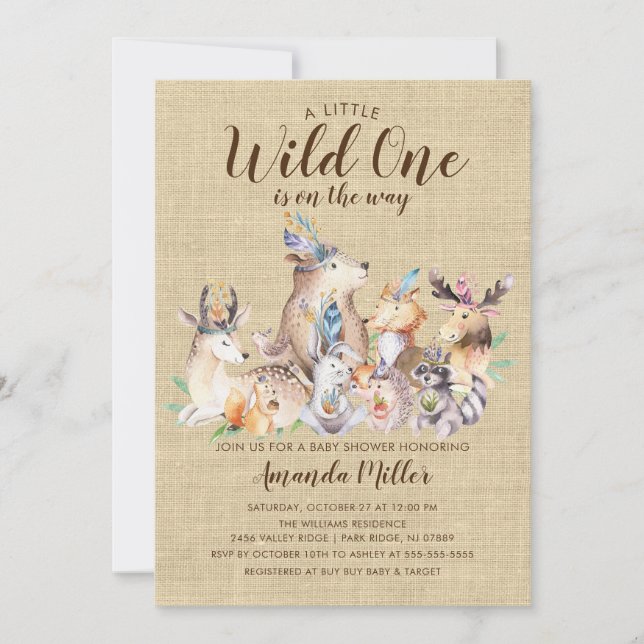 Rustik Woodland Friends Vild 1 Babyskåda Inbjudningar (Framsida)