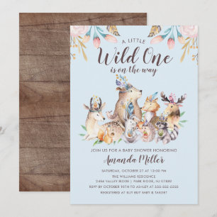 Rustik Woodland Friends Vild One Boys Baby Shower Inbjudningar