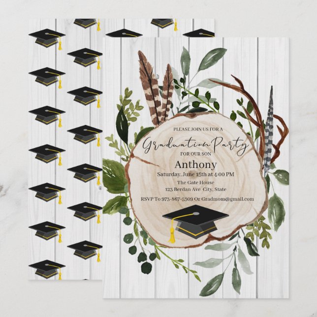 Rustik Woodland Greenery Studenten Inbjudningar (Fram/baksida)