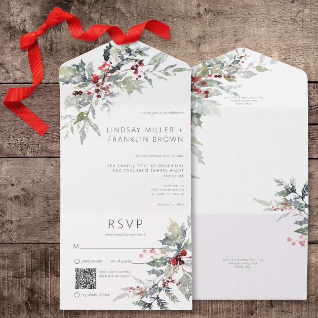 Rustika Bär av Vintervinter och Snö QR-kod (Rustic Winter Holly Berries & Snow All In One Wedding Invitation with QR Code)