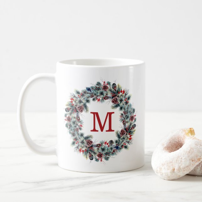 Rustika bär och tall | Högtidsmonogram Kaffemugg (Med munk)