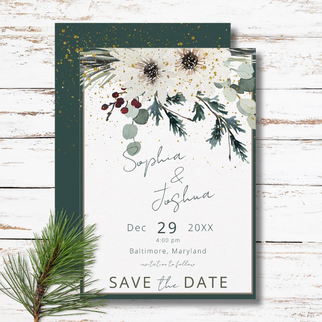 Rustika Bär Vinterblommig Bröllopsfest Spara Datumet (Rustic Berries Winter Floral Wedding Save The Date)
