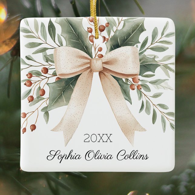 Rustika Barnbarns Första Jul Akvarellkrans Julgransprydnad Keramik (Rustic Grandchild's First Christmas Watercolor Bow and Leaves Xmas Ceramic Ornament)