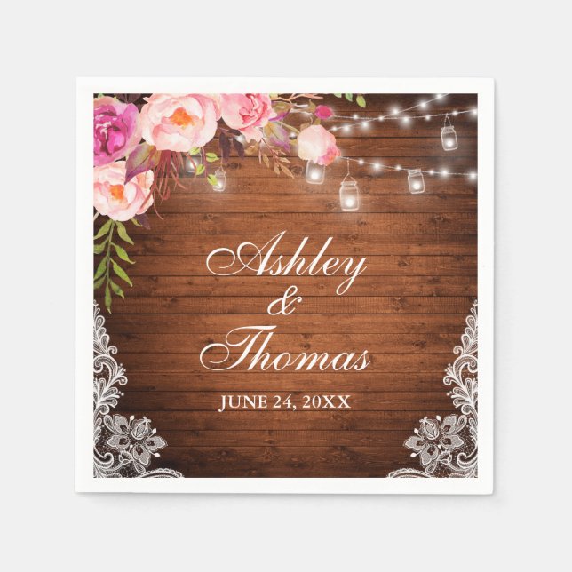 Rustika Belysning Ljuskäror Av Trä Rosa Blommig Sp Pappersservett (Framsidan)