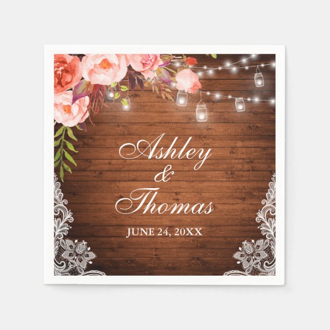 Rustika Belysning Ljusstakar Trä Rosa Korall Spets Pappersservett (Framsidan)