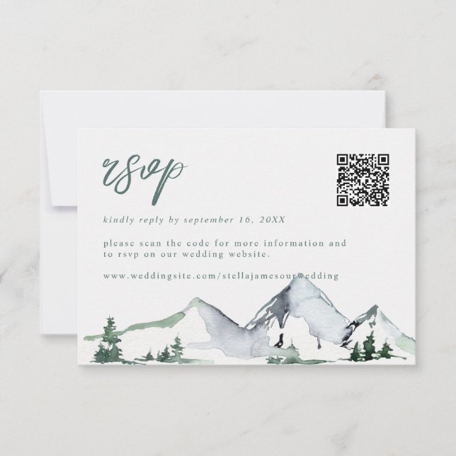 Rustika Berg Vattenfärg Bröllop QR-kod OSA Kort (Framsida)