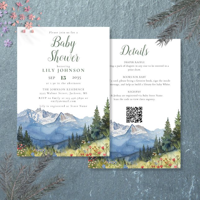 Rustika bergssnäckor alla i en babyskö inbjudningar (Rustic Mountain Wildflower All In One Baby Shower Invitation)