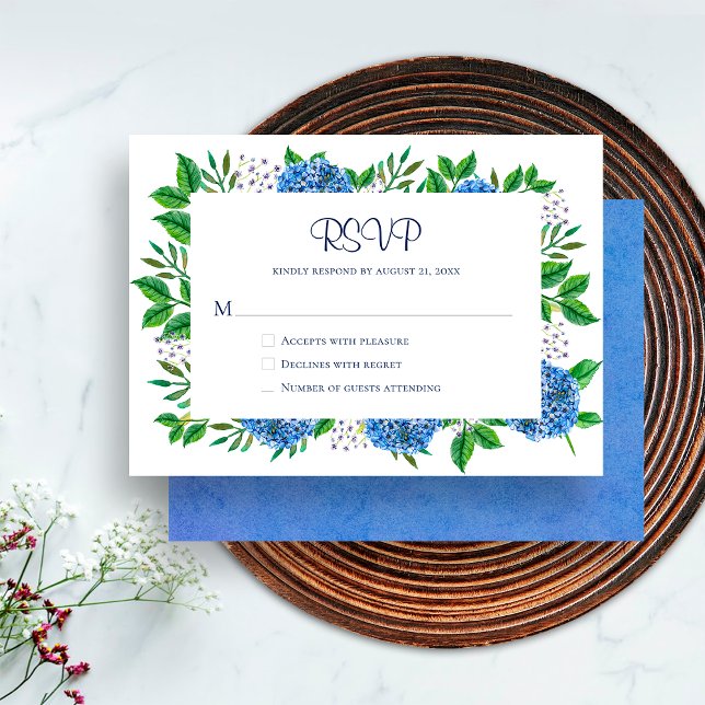 Rustika Blå Hydrangeor Vattenfärg RSVP-kort Inbjudningar (Front / Back)