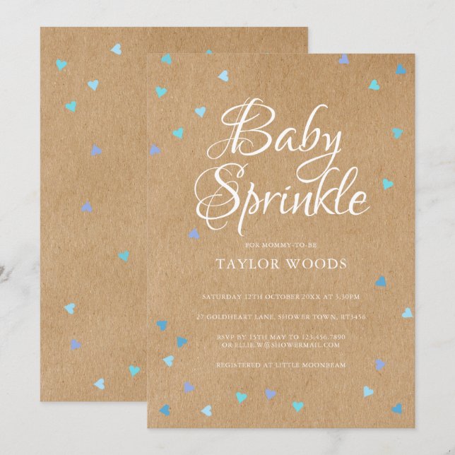 Rustika Blå Kärlekshjärtan Baby Boy Sprinkle Inbjudningar (Fram/baksida)
