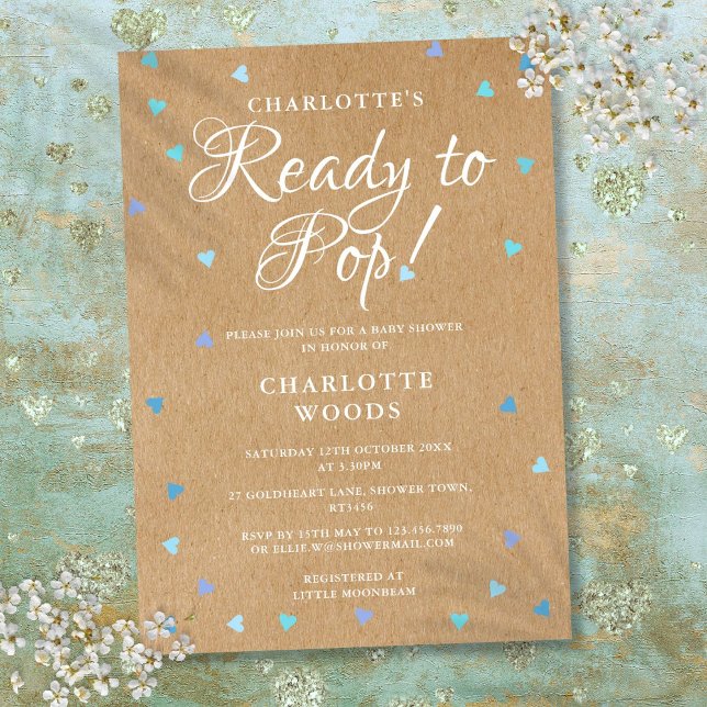 Rustika Blå Kärlekshjärtan Babyfirande Inbjudningar (Rustic Blue Love Hearts Ready to Pop Baby Shower Invitation)