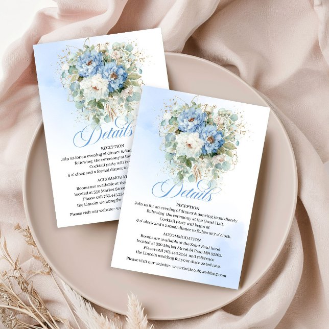 Rustika blå pastellfärgade pioner grönska bröllops tilläggskort (Rustic Pastel Blue Peonies Greenery Wedding Details Card)