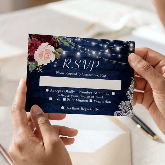 Rustika Blå Röd Rosafärgad Blommig Ljuskrans Bröll OSA Kort (Skapare uppladdad)