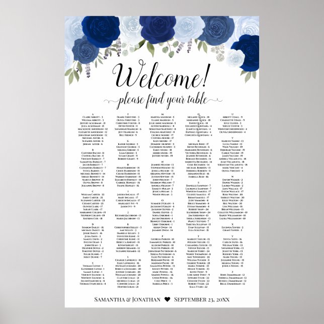Rustika blå rosor alfabetisk sittplatskarta poster (Framsidan)