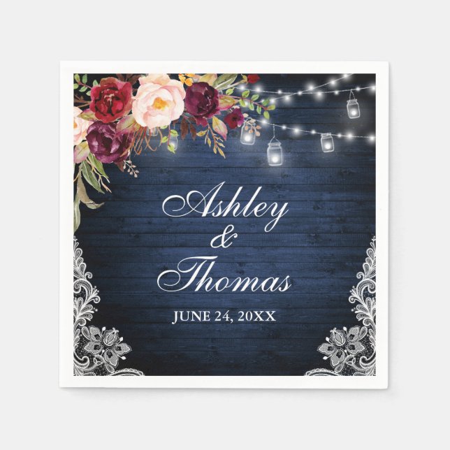 Rustika blå trähjärteljus lyktor med blomstergirla pappersservett (Framsidan)