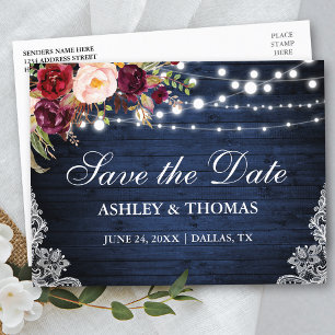 Rustika Blå Träljus Lace Blommig Save the Date Meddelande Vykort