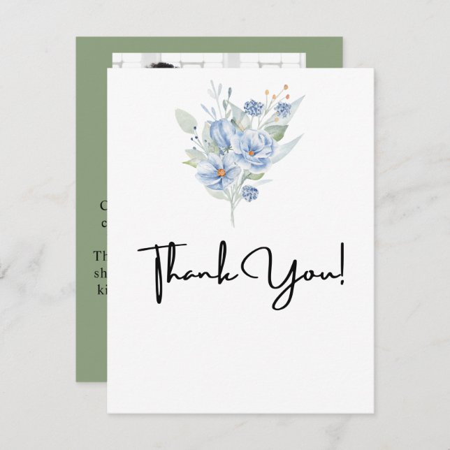 rustika blå vattenfärg blommor & blad med dammigt  tack kort (Fram/baksida)