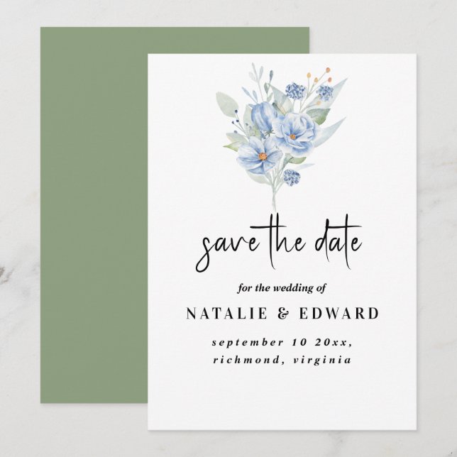 rustika blå vattenfärg blommor & blad spara datumet (Fram/baksida)