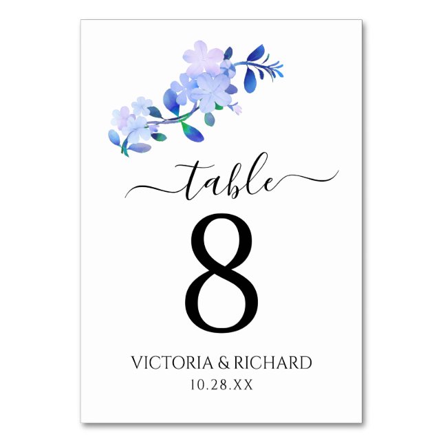 rustika blå vattenfärgblomma & blad bordsnummer (Framsidan)