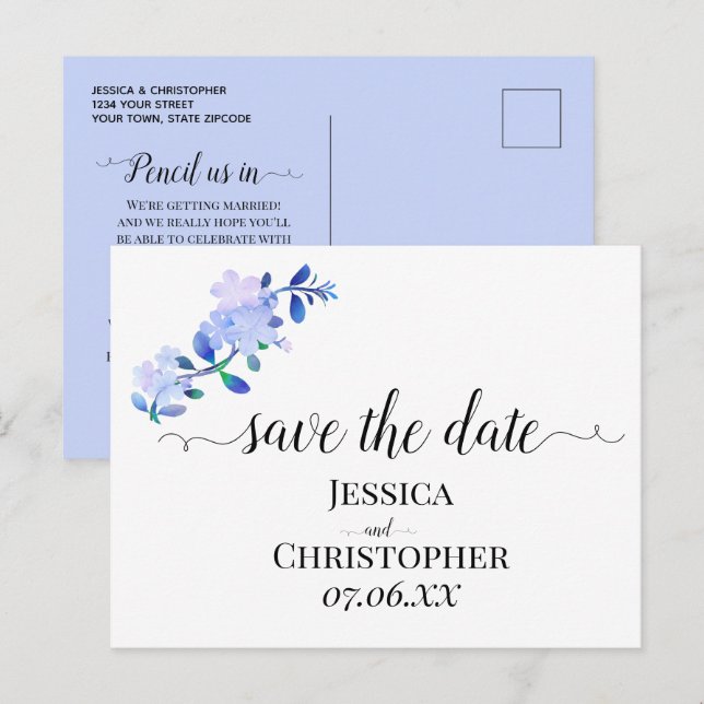 rustika blå vattenfärgblomma & blad i dammig stil meddelande vykort (Fram/baksida)