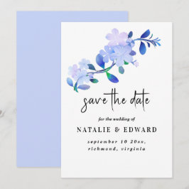 rustika blå vattenfärgblomma & blad i dammig ton spara datumet