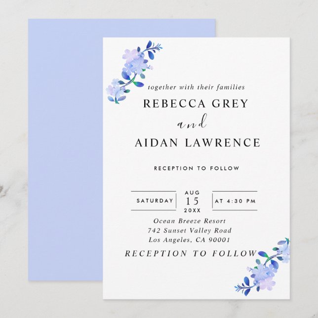 rustika blå vattenfärgblomma & blad inbjudningar (Fram/baksida)